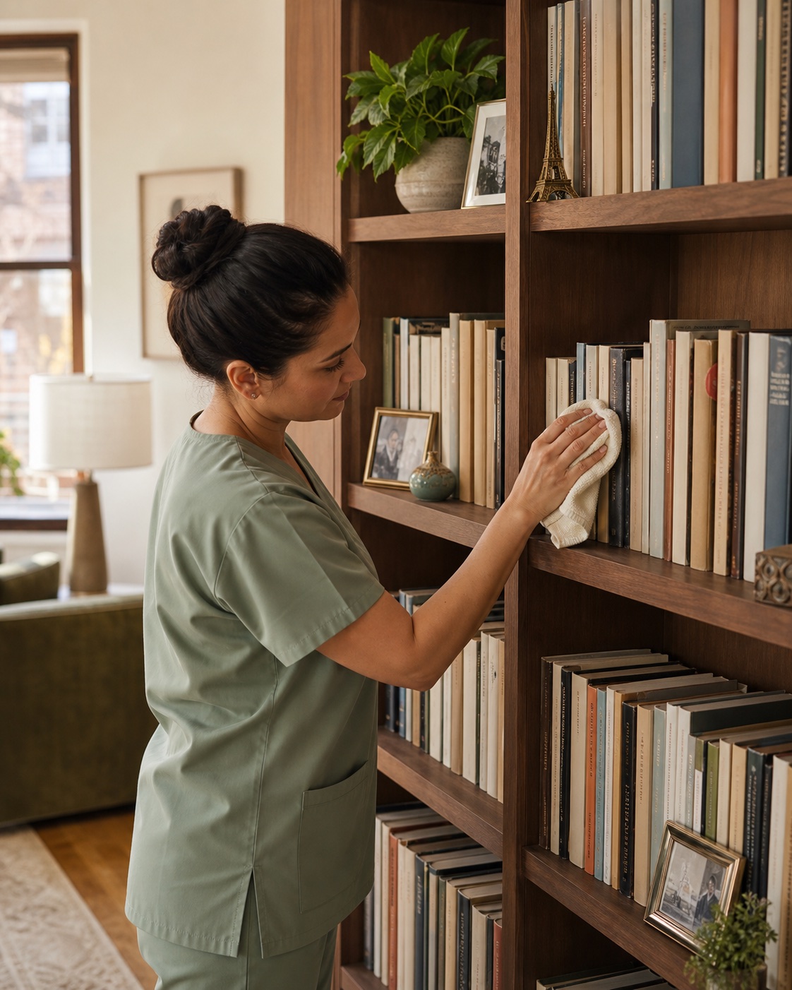 An adult in sage scrubs dusts a wood bookshelf filled mostly with books, framed photos, a small plant and travel mementos.