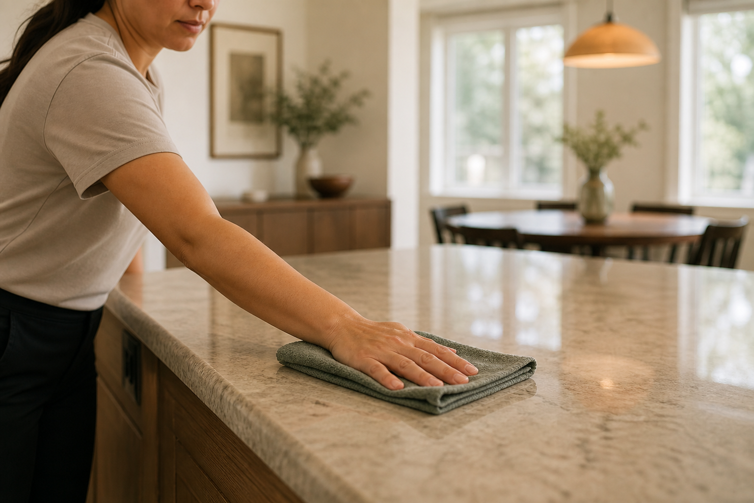 A cleaning professional wipes a granite kitchen island with a folded cloth in a warm dining space.