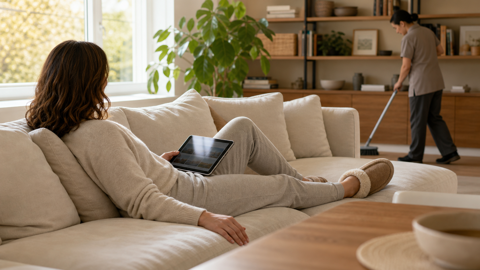 A woman relaxes on a cream sofa while a cleaning professional sweeps the warm, sunlit living room.