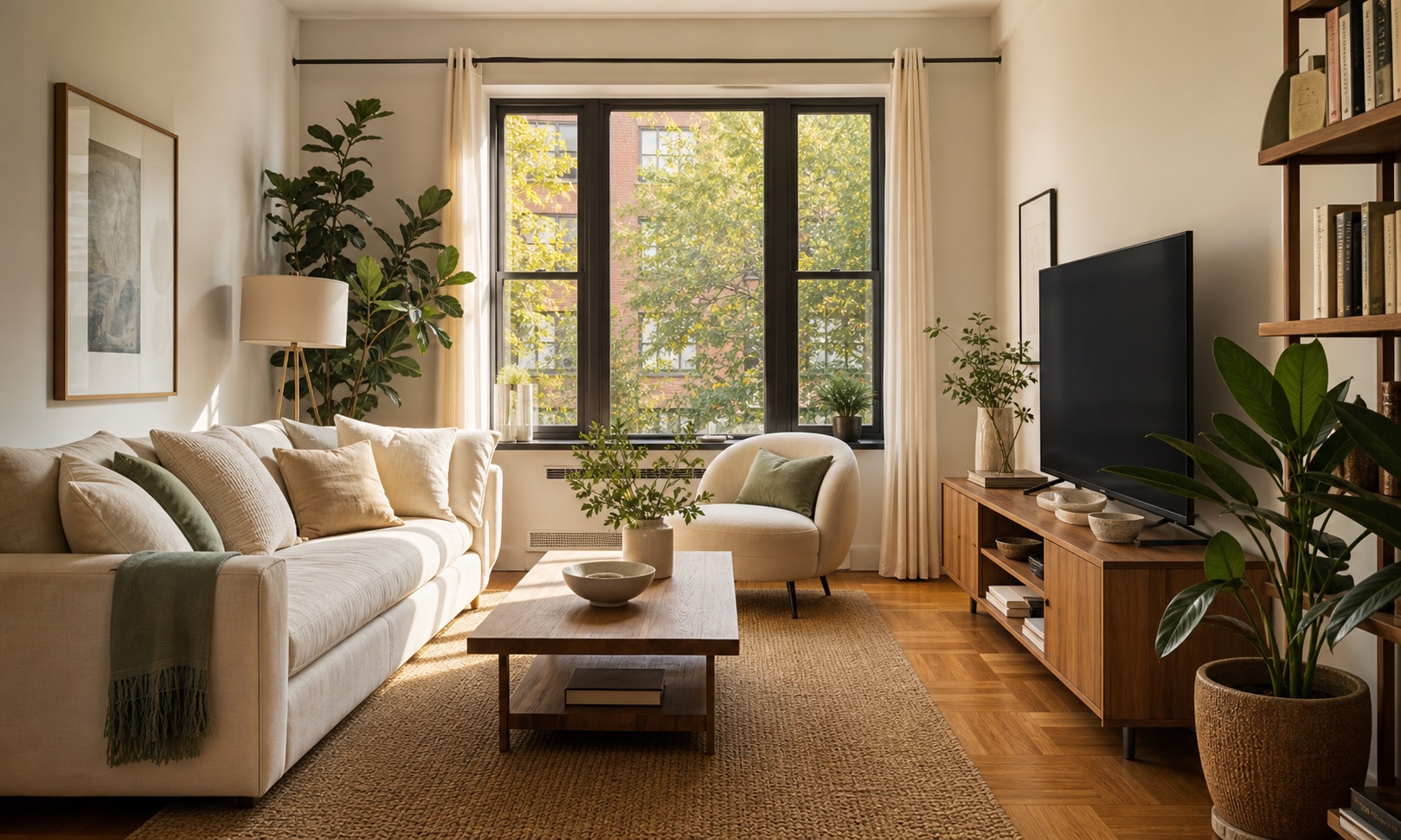 Sunlit living room with a sofa, plants and clear floor space