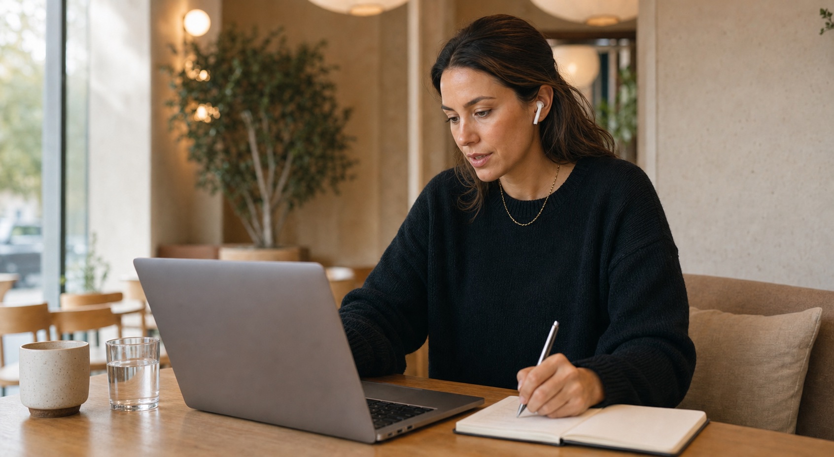 A woman wearing white wireless earbuds writes in a notebook beside an open laptop at a warmly lit café.