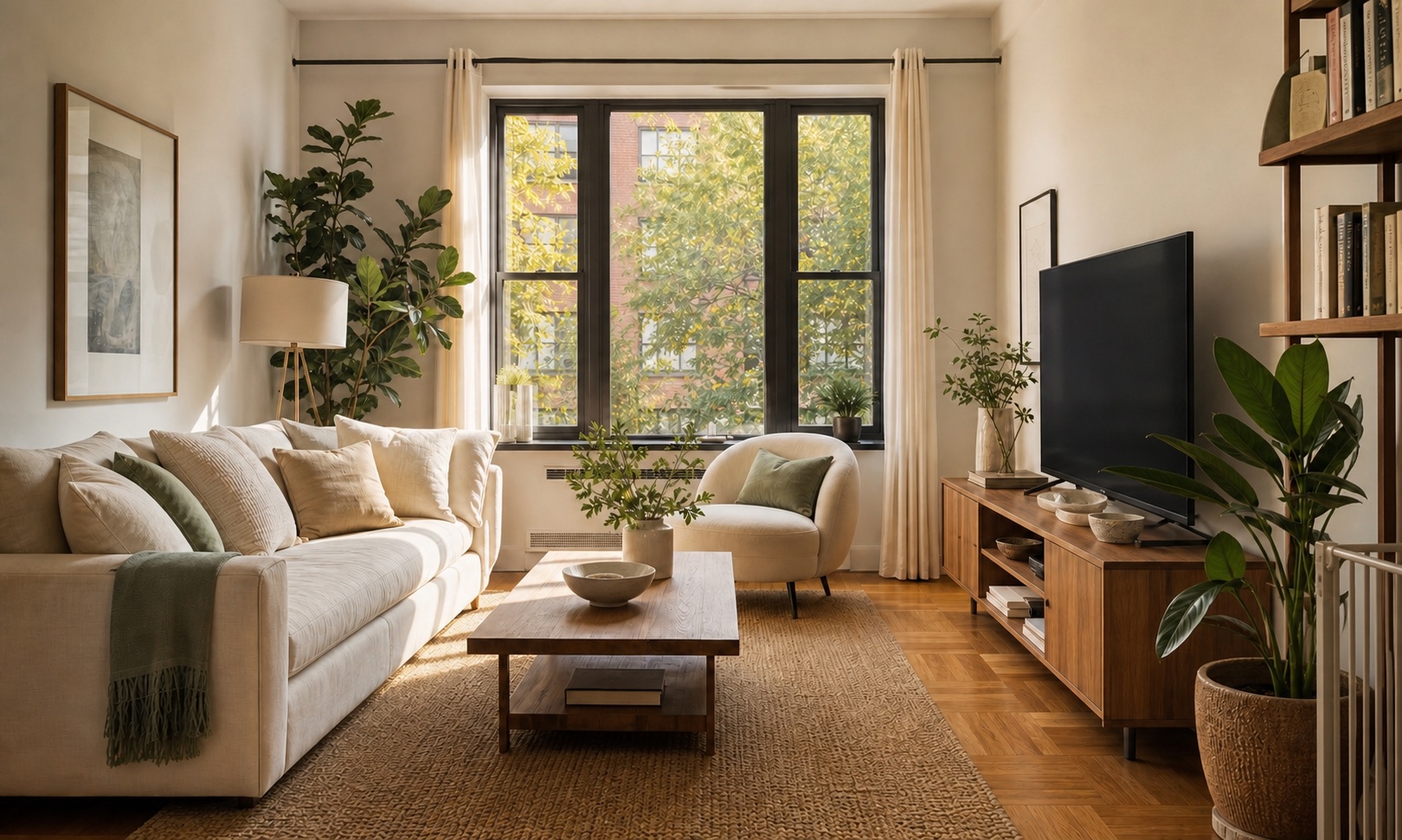 A sunlit living room with organized books, plants, a linen sofa, a wood television unit and a subtle baby gate at the far edge.