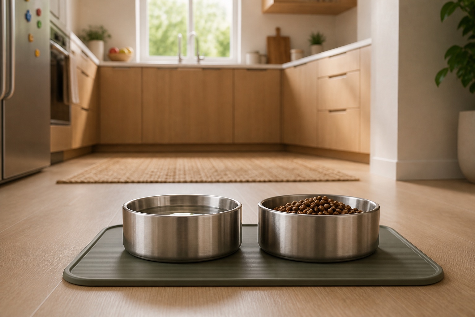 Two stainless-steel pet bowls sit on a rubber mat in a warm, tidy kitchen.