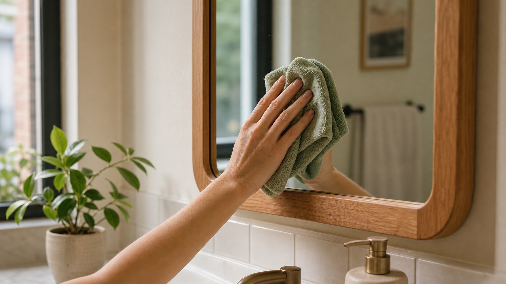 A hand wipes a wood-framed bathroom mirror with a soft sage cloth in a naturally lit bathroom.