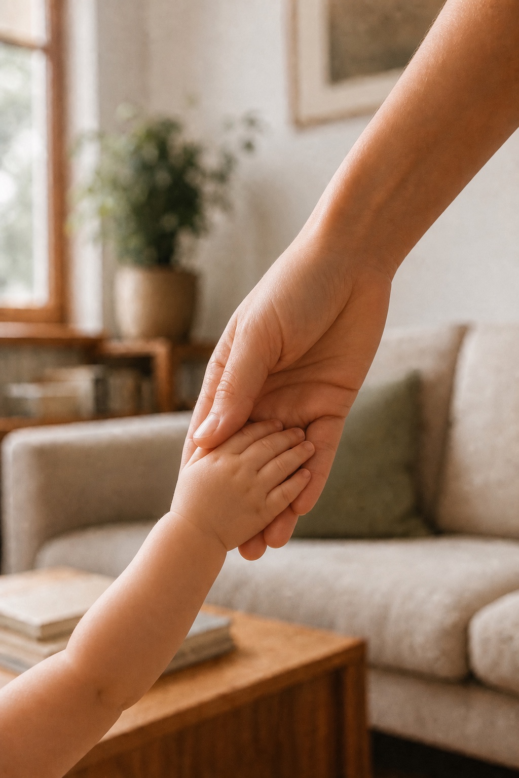 An adult hand gently holds a child's hand in front of a softly lit, organized living room.