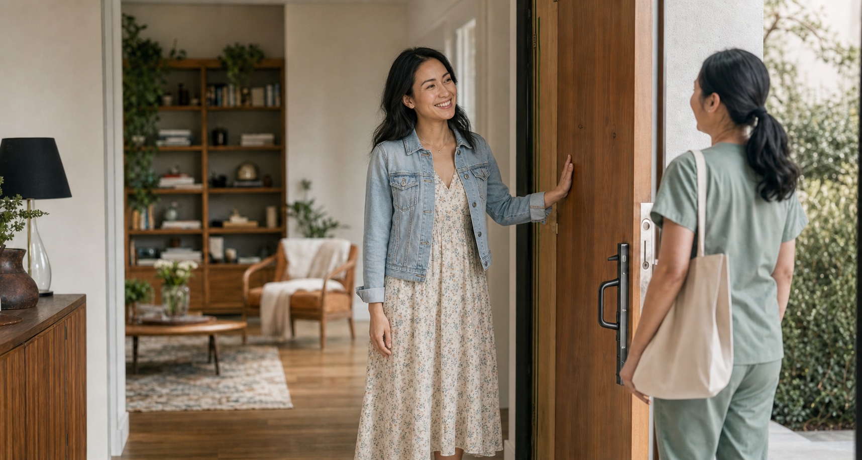 A woman in a summer dress and denim jacket smiles from a doorway as another adult in sage scrubs leaves.