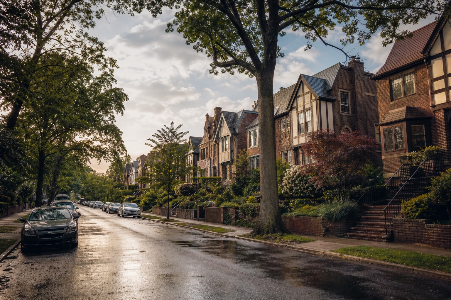 A tree-lined residential street with Tudor-style brick homes in warm light after rain.